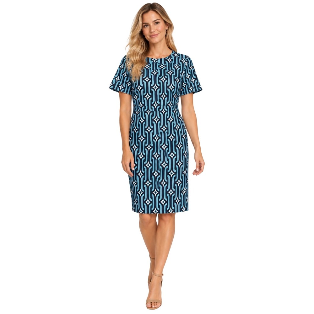 Boden Blue Geometric Print Short Sleeve Sheath Dress Size 8L D0342